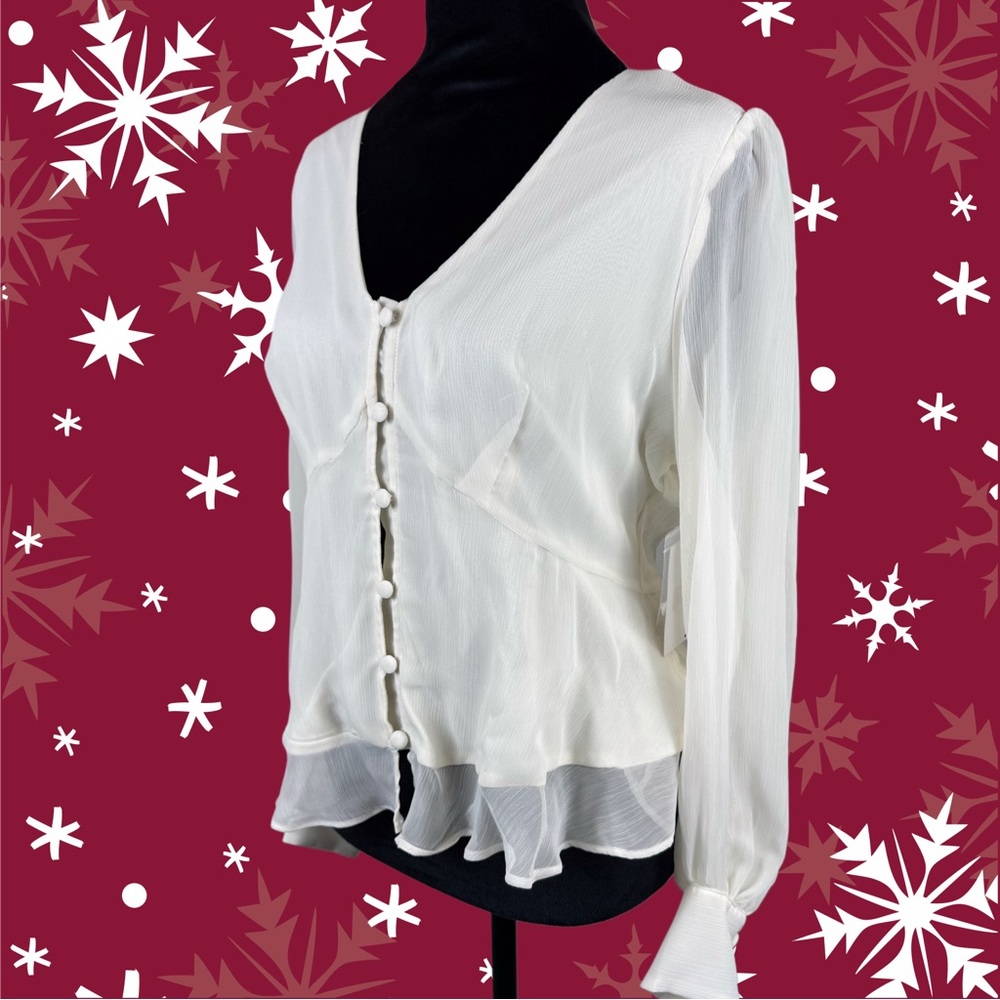 Nine West Cream Long Sleeve Button-Up Women's Blouse Sheer and Cropped